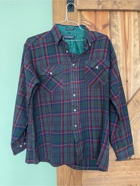 Van Heusen Green Plaid Button-Down Shirt with Red Accent